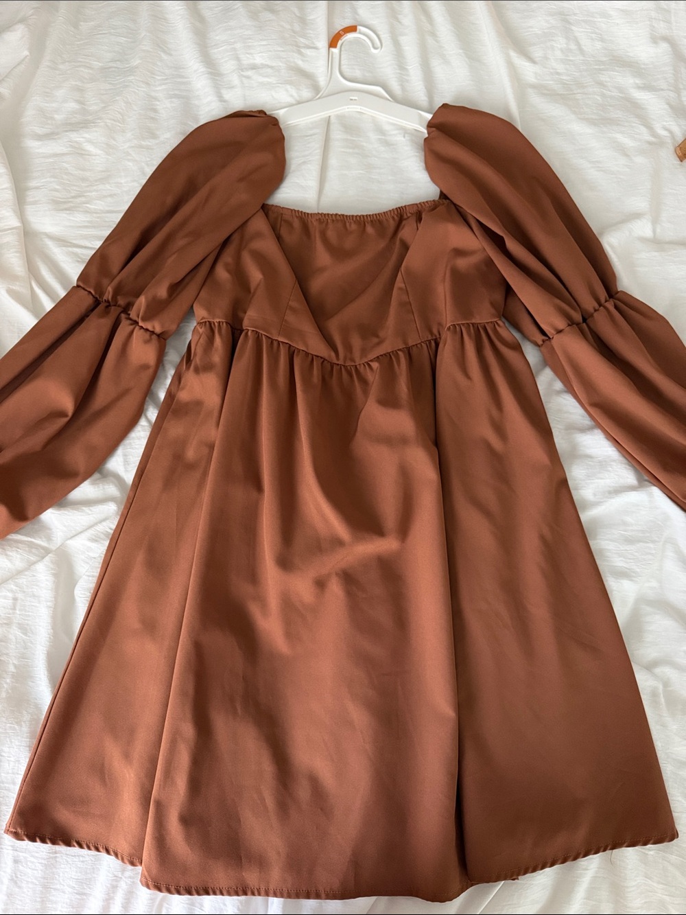 Square Neck Brown Puff-Sleeve Mini Dress
